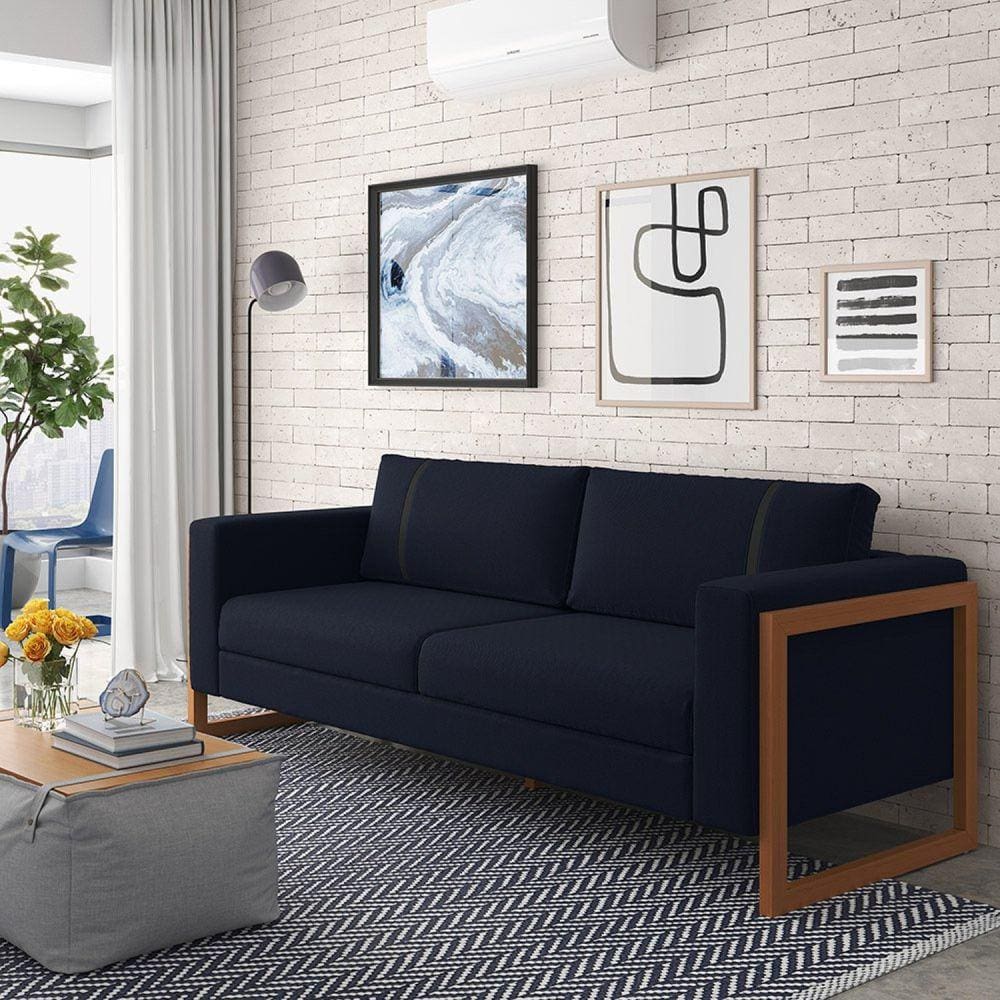 Sofá 3 Lugares 200cm Lin Azul Marinho