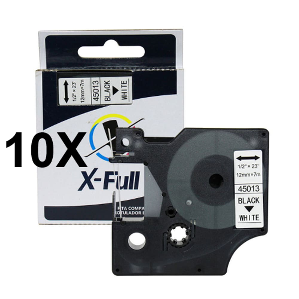 Kit 10 Fitas D1 Compatível Dymo 45013 Branca Preta 12mm