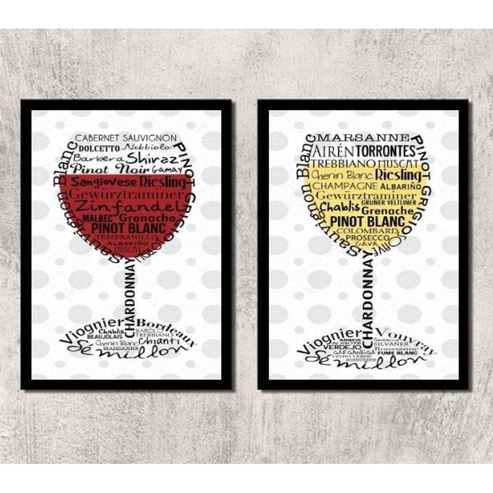 Kit 2 Quadros Vinho Branco E Vinho Tinto 45X34Cm - Com Vidro