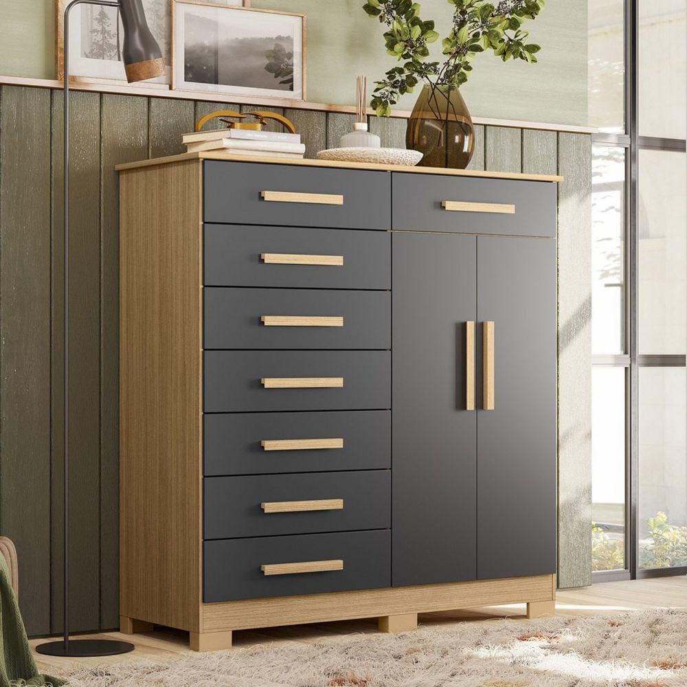 Cômoda 8 Gavetas 2 Portas com Cabideiro Verona Marrom/Titanium