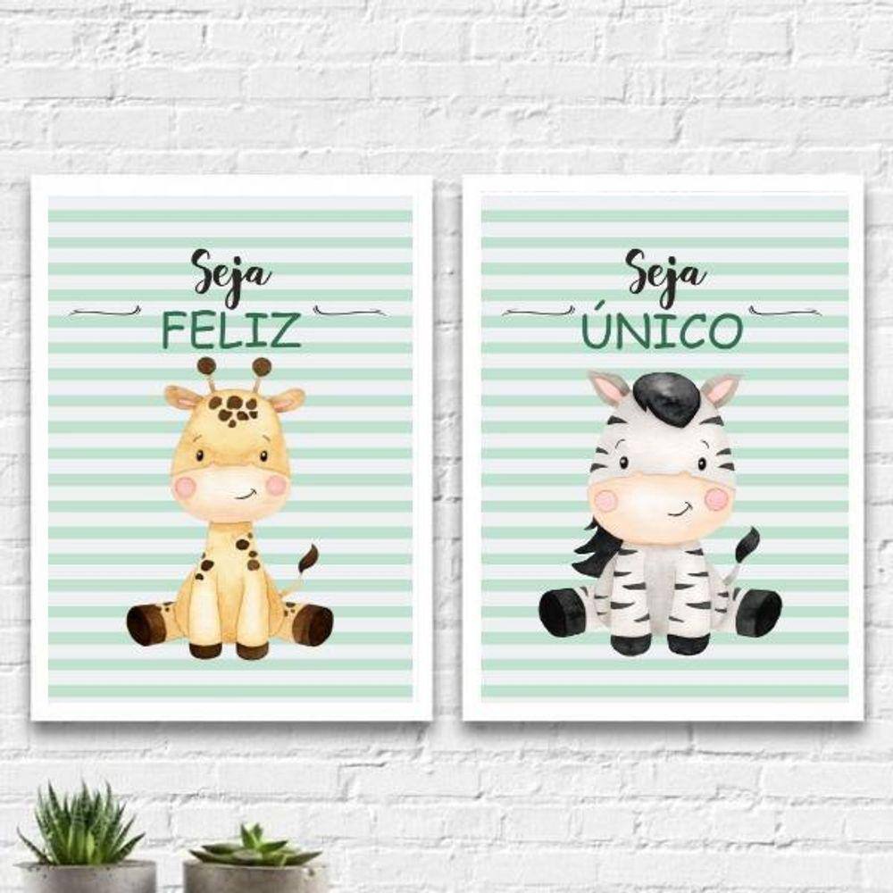Kit 2 Quadros Infantil Tema Safari Seja 45X34Cm Vidro Branca