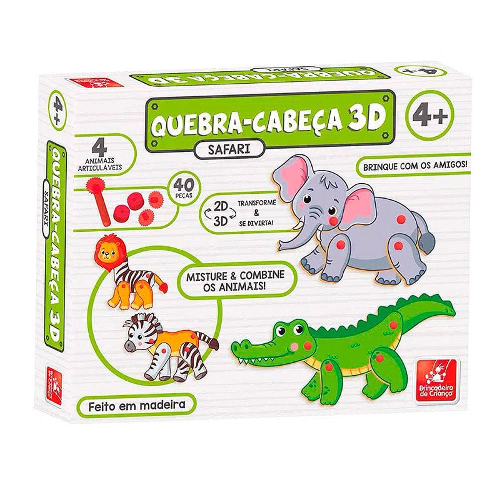 Quebra-Cabeça 3D Safari com 4 Animais Articuláveis 40 pçs - 3090 - Brincadeira de Criança