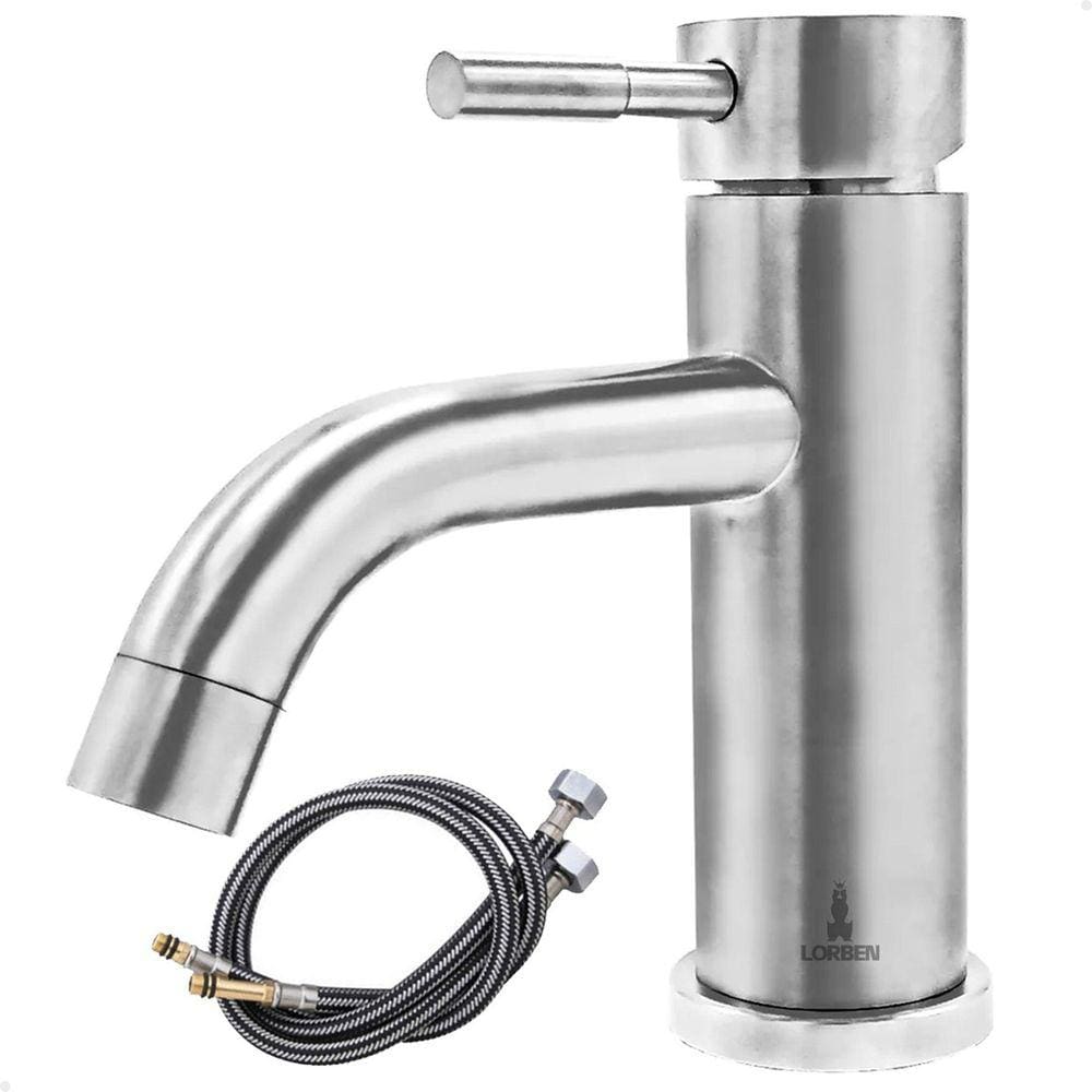 Torneira Misturador Monocomando Lorben Aço Inox Escovado Mesa Pia Bancada Bica Baixa Banheiro Lavatório