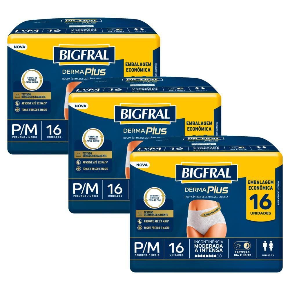 Kit 3 Roupas Íntima Bigfral Pants Derma Plus P/M com 16un cada