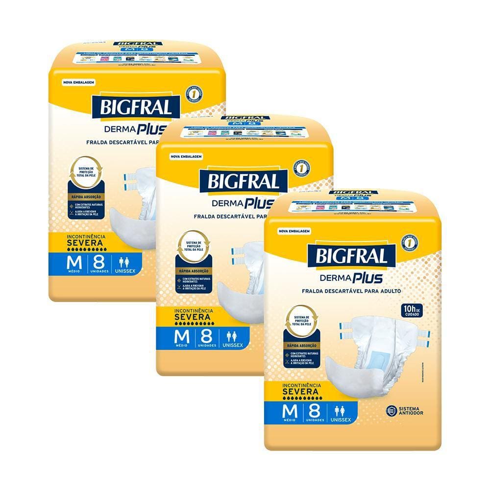 Kit 3 Fraldas Geriátricas Bigfral Derma Plus M com 8un cada