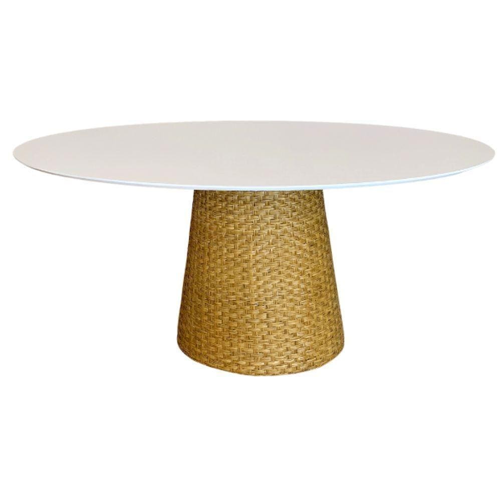 Mesa De Jantar Cone Oval 180x100 Cm Tampo Laca Branca Base Fibra Natural Cor Amarelo
