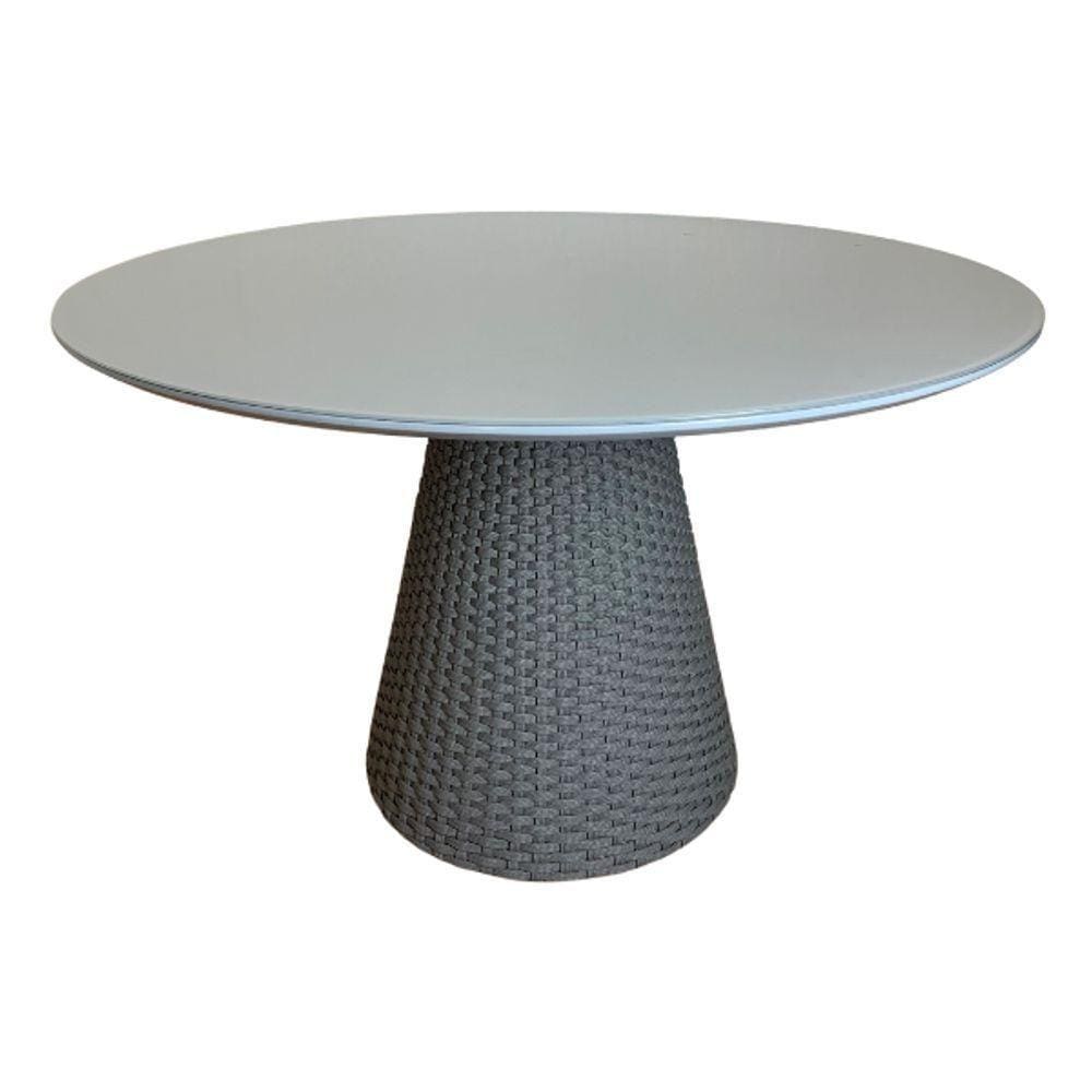 Mesa De Jantar Cone Redonda 110cm Tampo Laqueado Cinza + Vidro Base Corda Náutica Cinza Cor Cinza