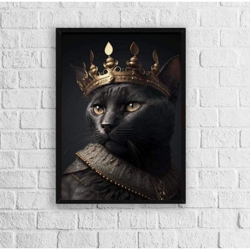 Quadro Decorativo Gato Preto 33x24cm - Moldura De Madeira