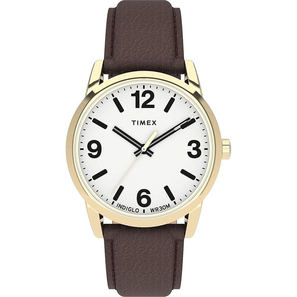 Relógio de 38mm easy reader masculino da Timex - Mostrador branco de caixa de tons dourados com cinta de couro marrom