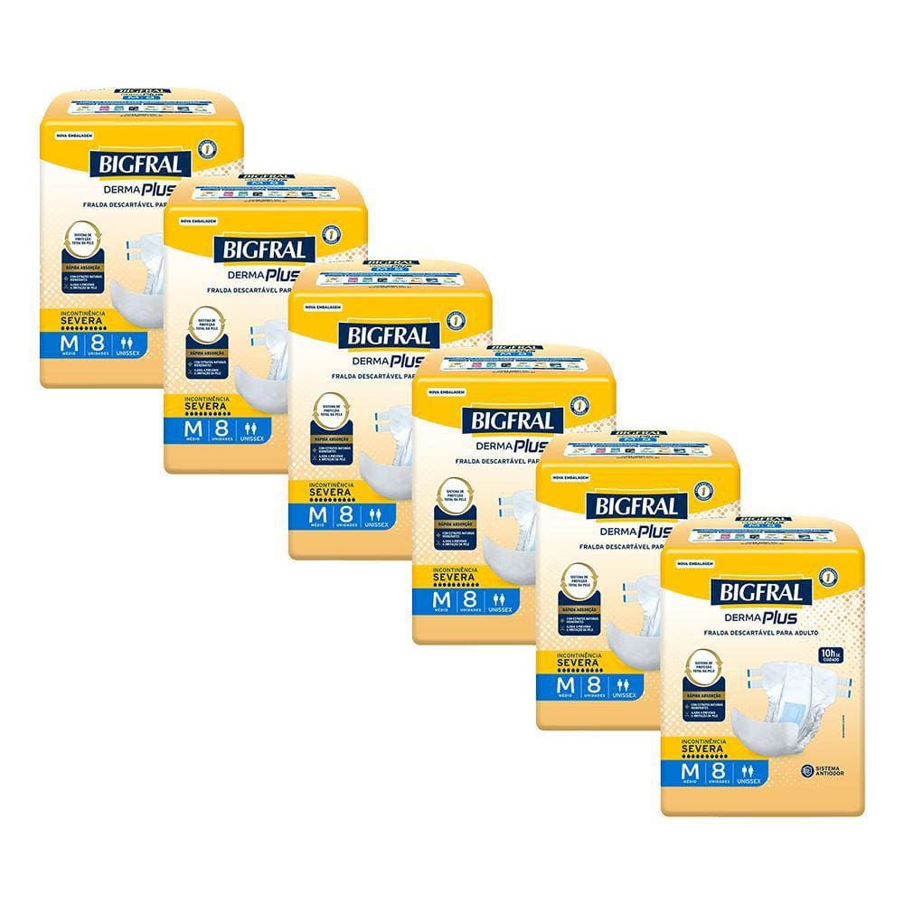 Kit 6 Fraldas Geriátricas Bigfral Derma Plus M com 8un cada