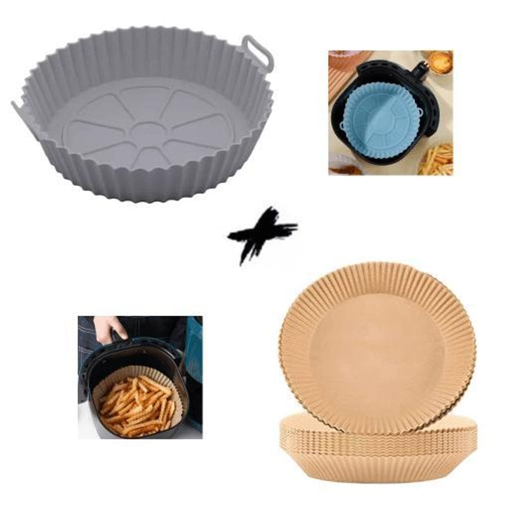Kit 1 Forma Silicone Reutilizável + 50 Cestos Papel Airfryer