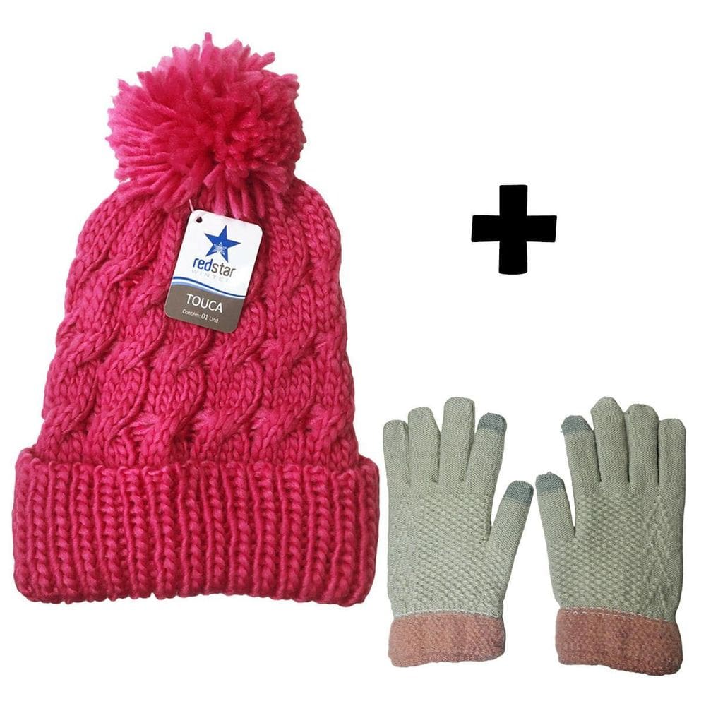 Kit Feminino Touca Tricô Para Frio Inverno Com Luva Touch Screen