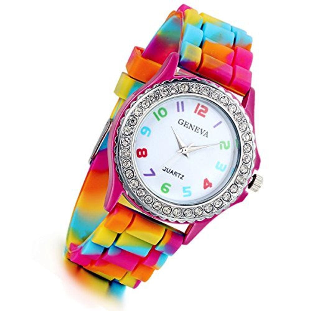 Lancardo Rhinestone Rainbow Color Silicon Jelly Fun Play Watches for Women - Rose Red