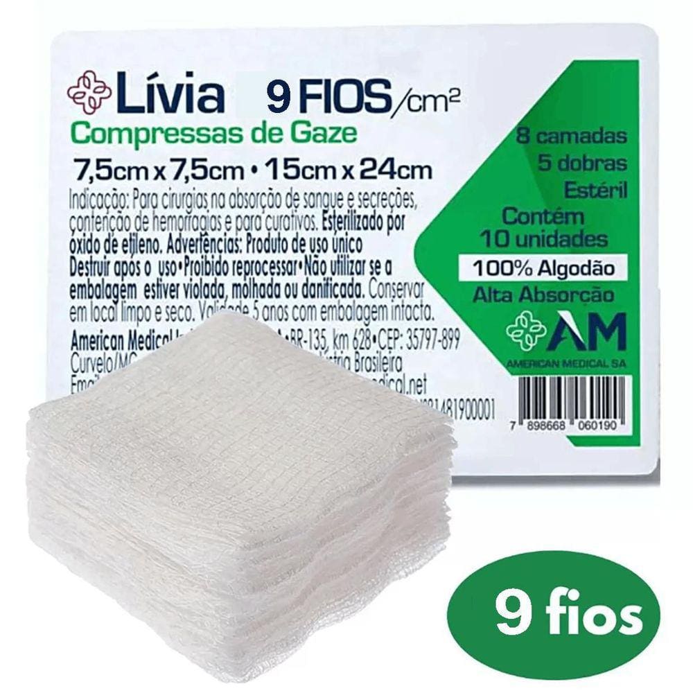 Compressa De Gaze 9 Fios Estéril 7,5X7,5 Lívia - C/10 Unids