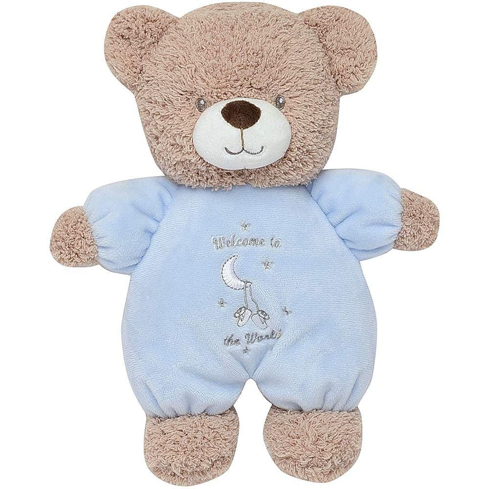 Chocalho de Urso de Pelúcia Little Me com Bordados bem-vindos ao mundo (Azul, 9 polegadas)