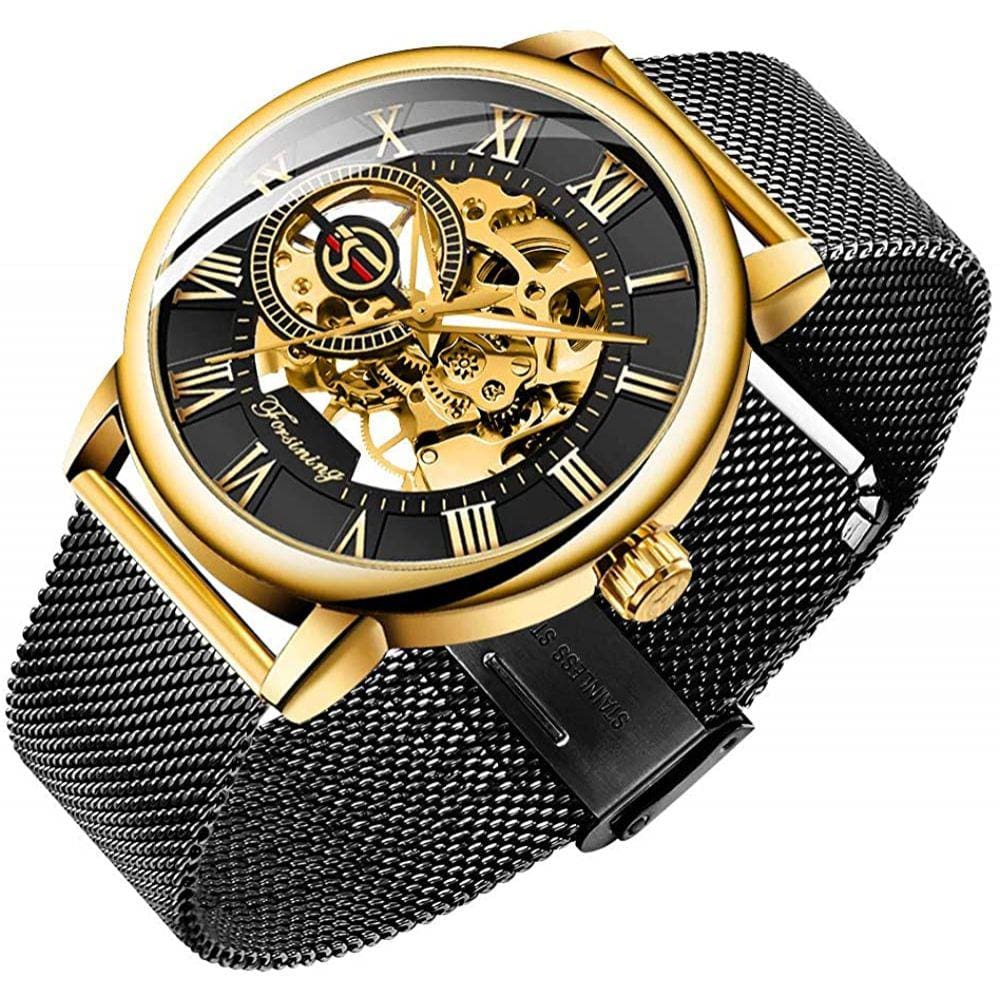 Relógio de esqueleto masculino Clássico Romano Numeral Steampunk Relógios Manusulico Mens Relógios (Azul)