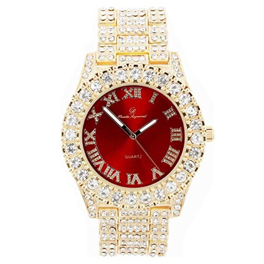 Mostra-se colorida de luneta de grandes rochas femininas com numerais romanos totalmente congelados - ST10327LA (Vermelho-Dourado)