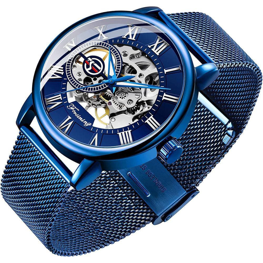 Relógio de esqueleto masculino Clássico Romano Numeral Steampunk Relógios Manusulico Mens Relógios (Azul)