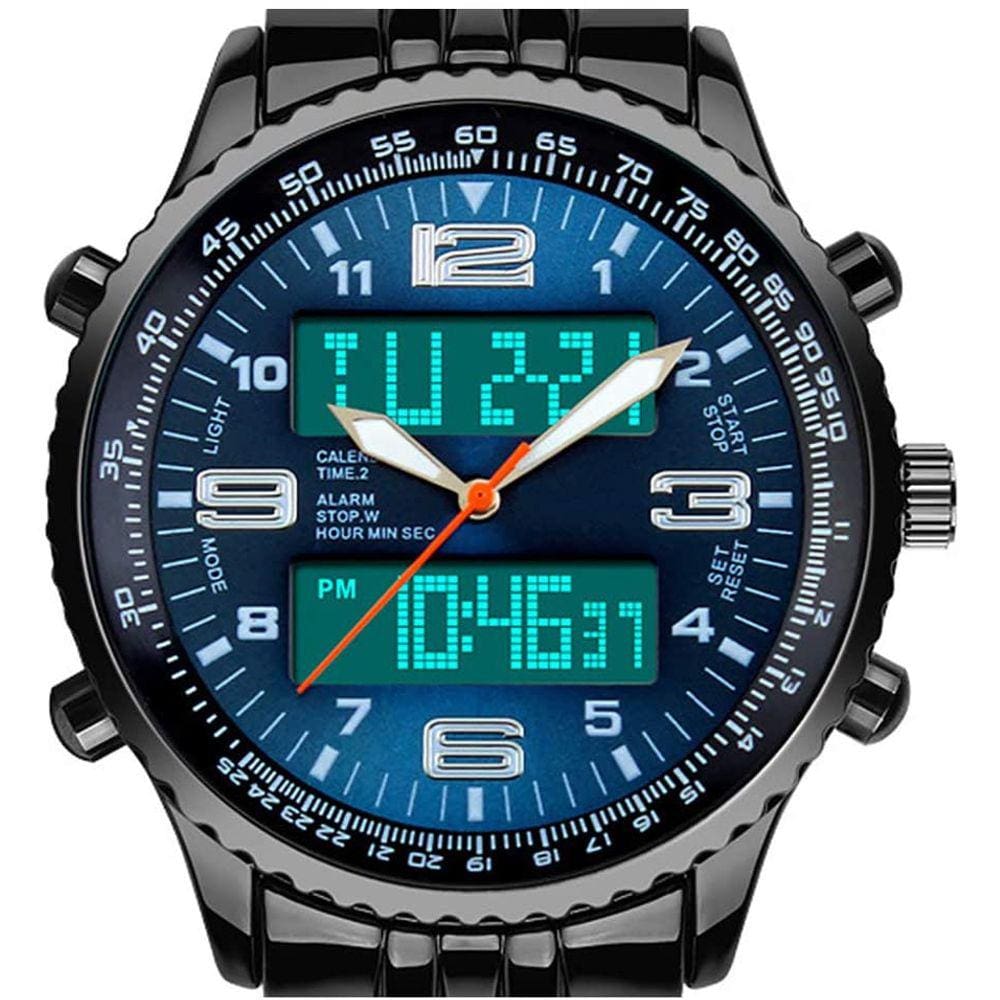 VIGOROSO Masculino LED Analog Digital Date Week Sports Outdoor Steel Blue Dial Watch