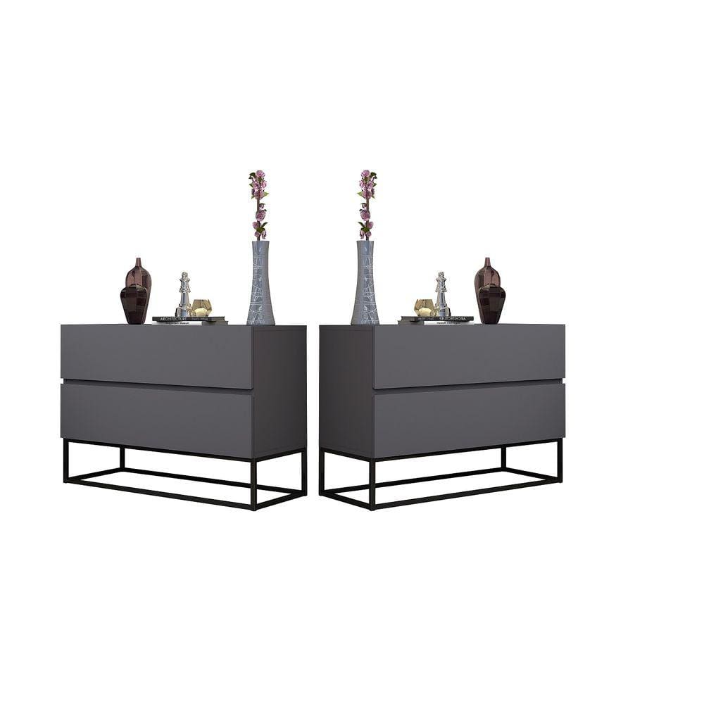 Kit 2 Mesas De Cabeceira Cinza 2 Gavetas e Pés de Ferro Preto 60cm