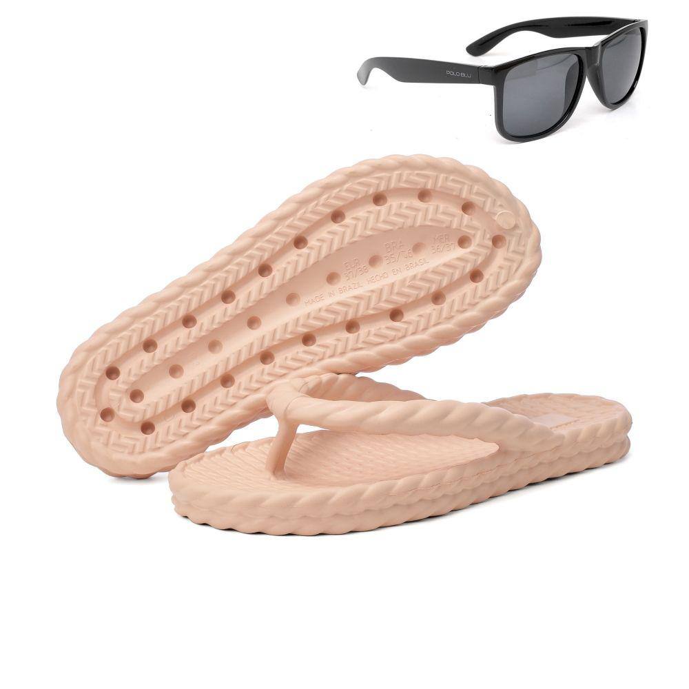 Kit Chinelo Trançado Leve Amanda Block Tiras Grossas e Um Oculos de Sol