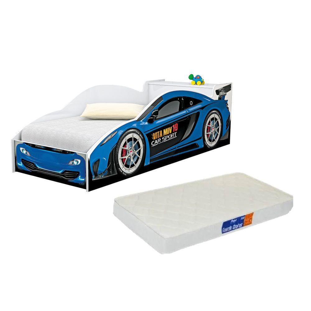 Cama Carro Infantil Solteiro Azul C/ Baú e Colchão