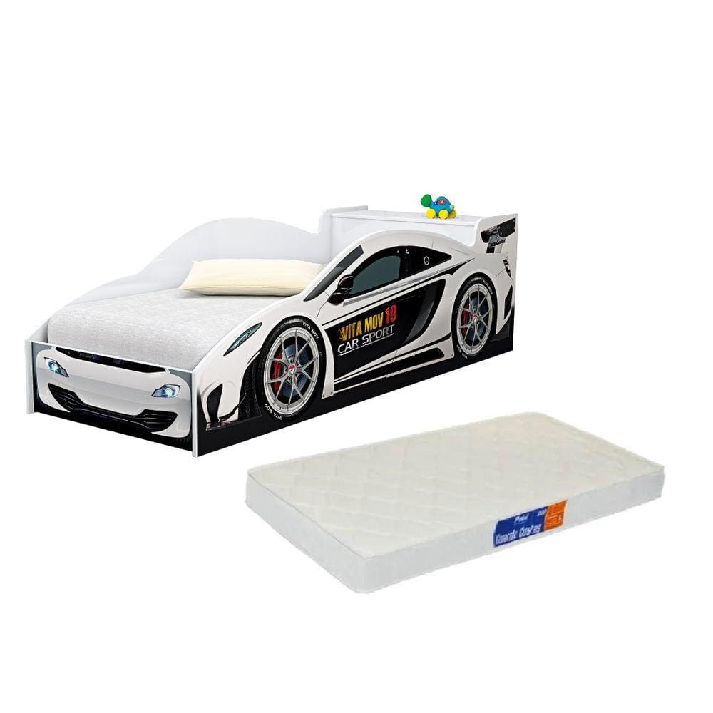 Cama Carro Infantil Solteiro Branco C/ Baú e Colchão