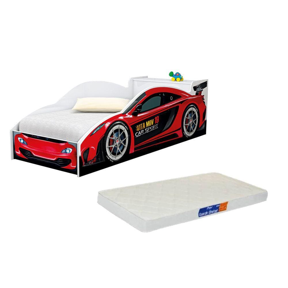 Cama Carro Infantil Solteiro Vermelho C/ Baú e Colchão