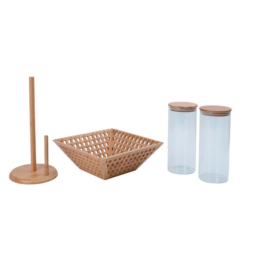 Kit 2 Potes de Vidro Tampa de Bambu 1,6l, Fruteira Vazada Bambu E Porta Papel Toalha de Bambu Oikos