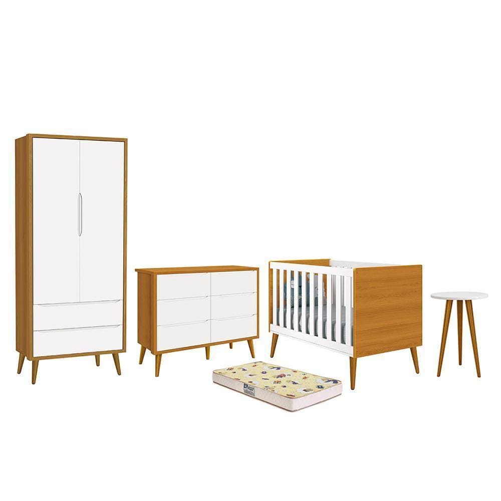 Dormitório Infantil Theo 2 Portas, Cômoda 6 Gavetas, Berço, Mesa de Canto com Pés Amadeirado e Colchão - Reller Móveis