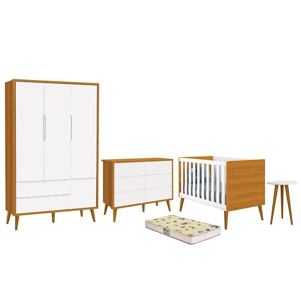 Dormitório Infantil Theo 3 Portas, Cômoda 6 Gavetas, Berço, Mesa de Canto com Pés Amadeirado e Colchão - Reller Móveis
