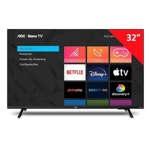 Smart TV LED 32" AOC 32S5135/78G LCD HD com Wi-Fi, 2 USB,3 HDMI,Controle Remoto Aplicativo Roku, Botão Netflix, 60Hz