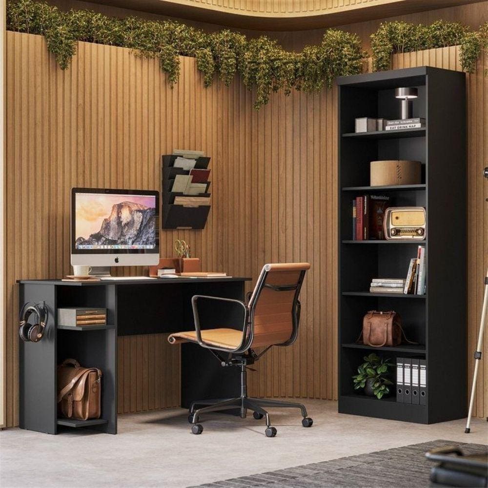 Mesa para Escritório/Gamer e Estante para Livros 5 Prateleiras Preto
