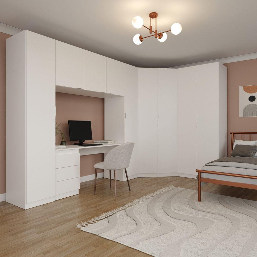 Guarda Roupa Modulado de Canto 9 Portas 5 Peças com Escrivaninha Hera CabeCasa MadeiraMadeira Branco Geada/Cromado