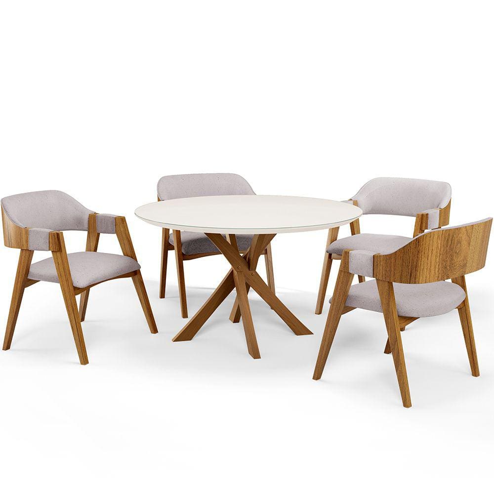 Mesa De Jantar Redonda Cora 120cm Off White M04 com 04 Cadeiras Living Suran Linho Bege - Lyam