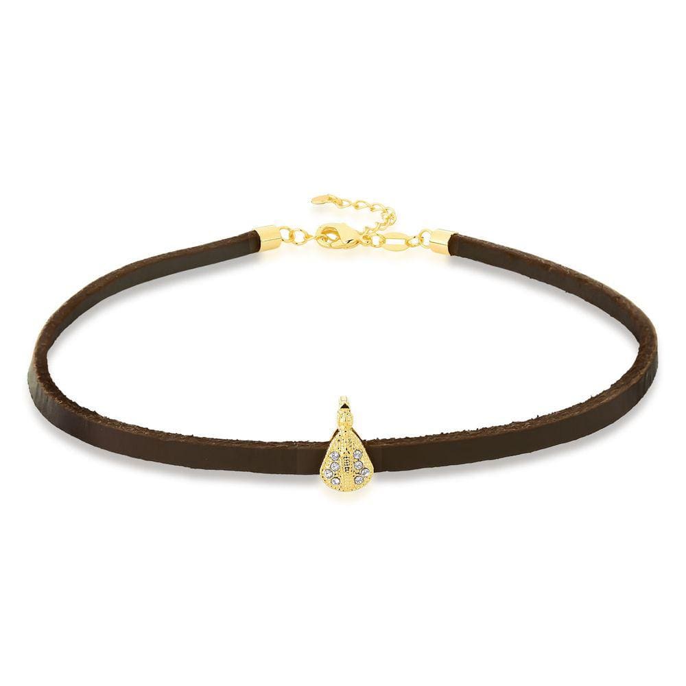 Colar Choker de Couro Marrom Nossa Sra. Aparecida Revestido em Ouro