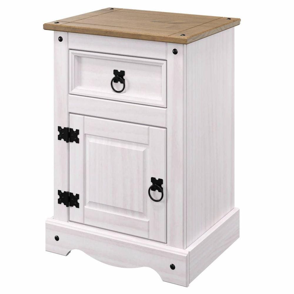 Mesa de Cabeceira de Madeira Maciça com 1 Porta e 1 Gaveta Branco Lavado
