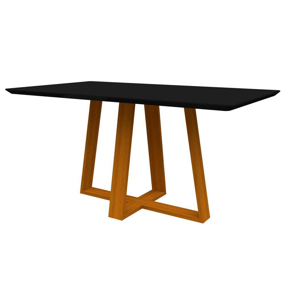 Mesa De Jantar Para 4 ou 6 Lugares Tampo Retangular Com Vidro 1,60m Lectus Madeira Maciça Cor Ypê Preto New Ceval