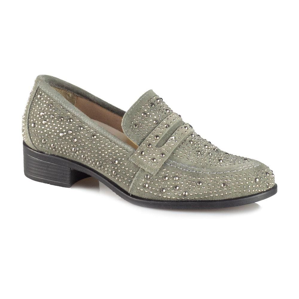 Sapato Mocassim Feminino Sandro Moscoloni Couro Stras Crystal Yasmin Cinza