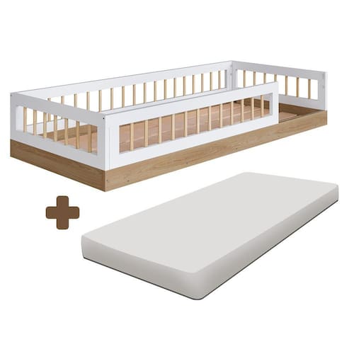 Cama Montessoriana Infantil Solteiro Com Grade De Proteção 84 x 195 cm Com Colchão Aveiro Oak Branco Suki Shop