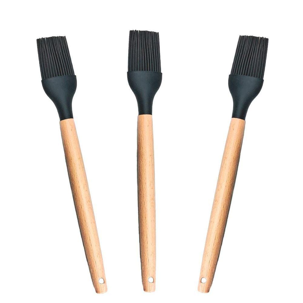 Kit 3 Pincéis Culinário Em Silicone Cabo Madeira 32Cm Preto-