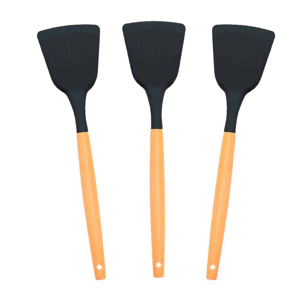 Kit 3 Espátulas Silicone Chapa Cabo De Madeira 32Cm Preta -