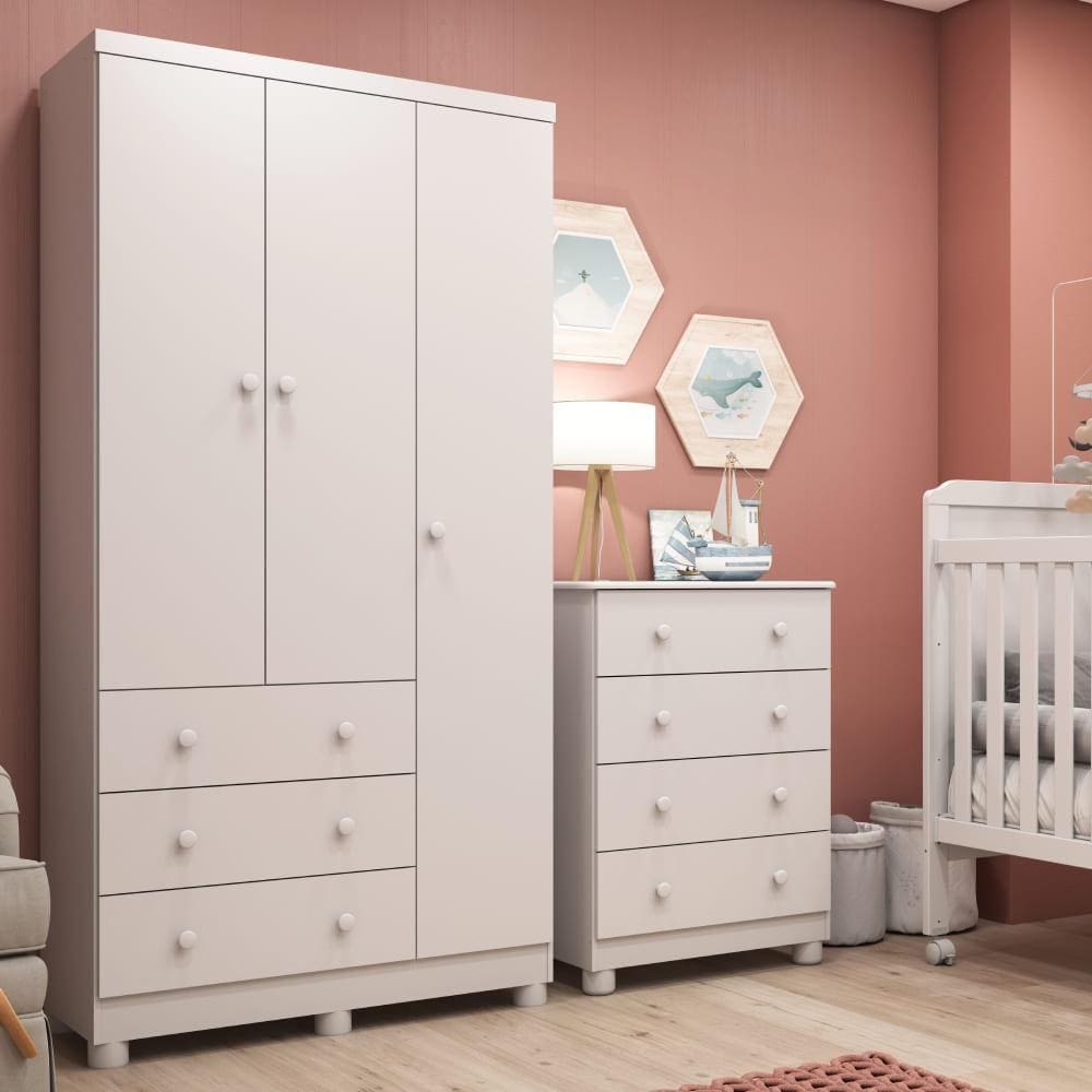 Quarto de Bebê com Guarda Roupa 3 Portas e Cômoda Júnior 100% MDF Móveis Peroba Branco Brilho