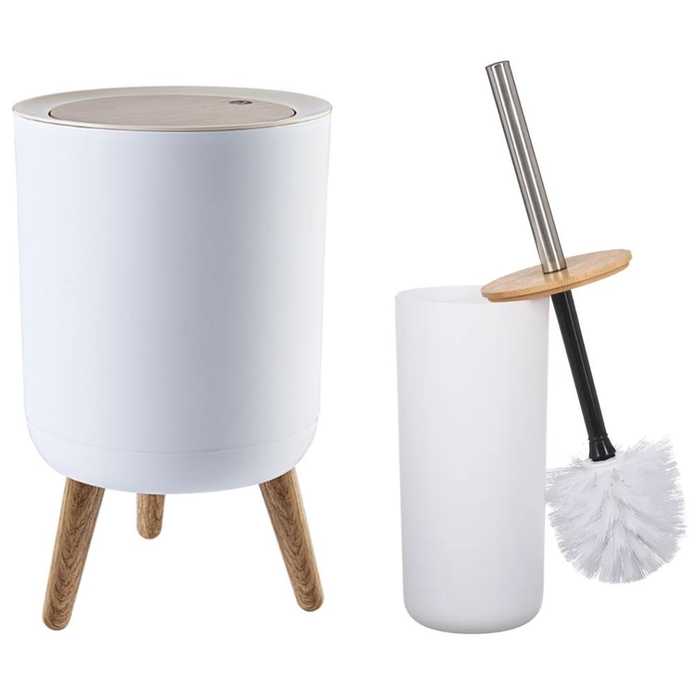 Lixeira Cesto De Lixo Com Pé Escova Sanitária Bambu 8 Litros