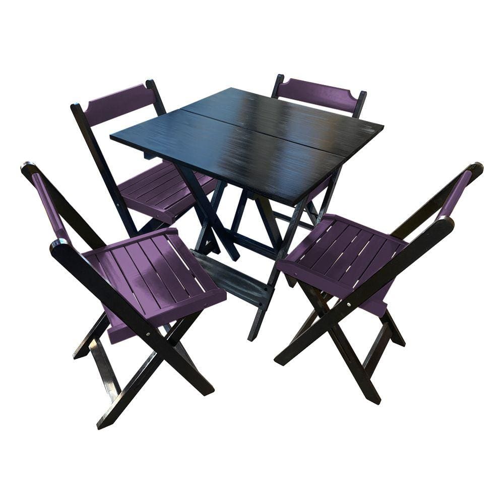 Mesa de Madeira Dobrável Preto 70x70 com 4 Cadeiras Dobráveis Roxo
