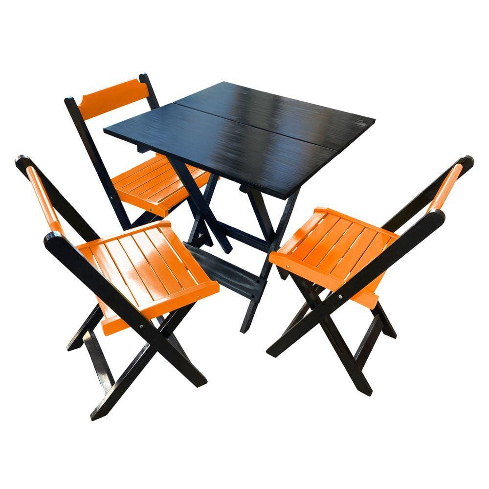 Mesa de Madeira Dobrável Preto 70x70 com 3 Cadeiras Dobráveis Laranja