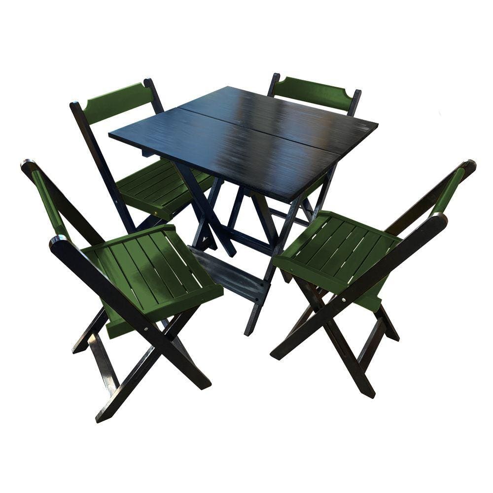 Mesa de Madeira Dobrável Preto 70x70 com 4 Cadeiras Dobráveis Verde