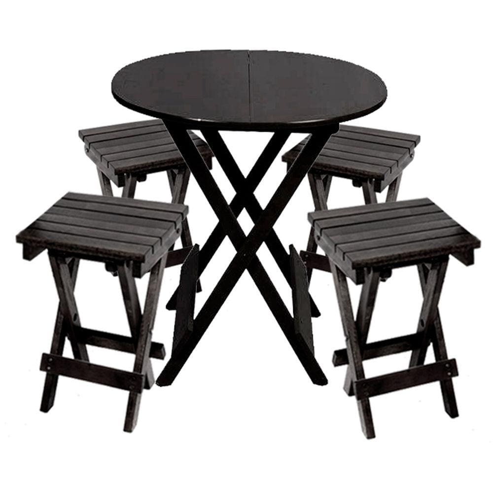 Conjunto Premium de Mesa Dobravel de Madeira 60cm Redondo com 4 Banquinhos Dobraveis Preto