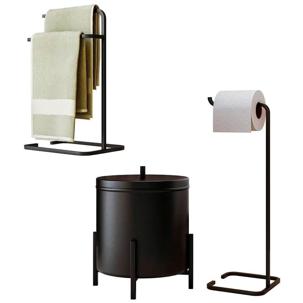 Kit Porta Toalha Papeleira Lixeira 6 L Lovell Lavabo Preto Dhom Preto