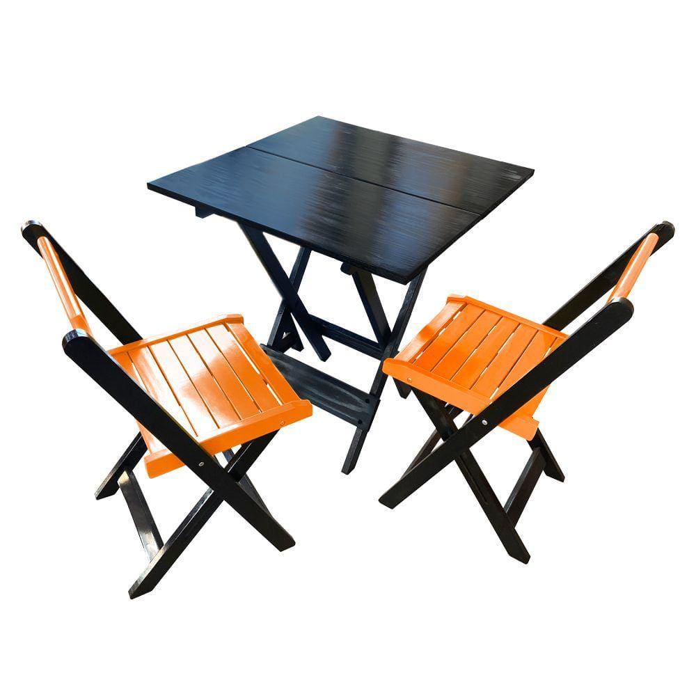 Mesa de Madeira Dobrável Preto 70x70 com 2 Cadeiras Dobráveis Laranja